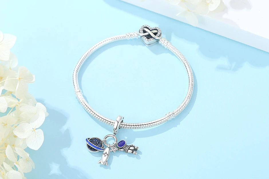 New Original 925 Sterling Silver Charms Star Moon Blue Crystal Glass Beads Fit Brand Bracelets Necklaces Jewelry For Women