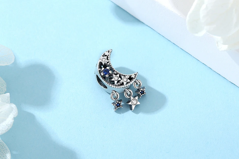 New Original 925 Sterling Silver Charms Star Moon Blue Crystal Glass Beads Fit Brand Bracelets Necklaces Jewelry For Women