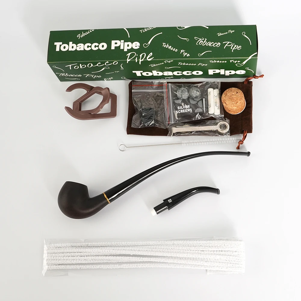 MUXIANG 2 In 1 Wood Tobacco Pipe Churchwarden Pipe One Pipe Body Two Mouthpiece With Clean Part Curved Handle Ebony Smoking Pipe