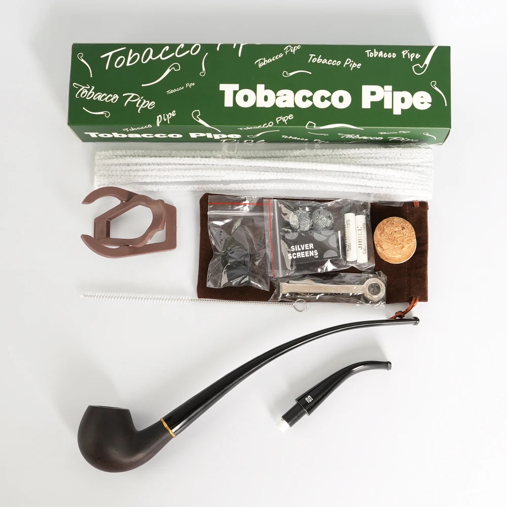 MUXIANG 2 In 1 Wood Tobacco Pipe Churchwarden Pipe One Pipe Body Two Mouthpiece With Clean Part Curved Handle Ebony Smoking Pipe