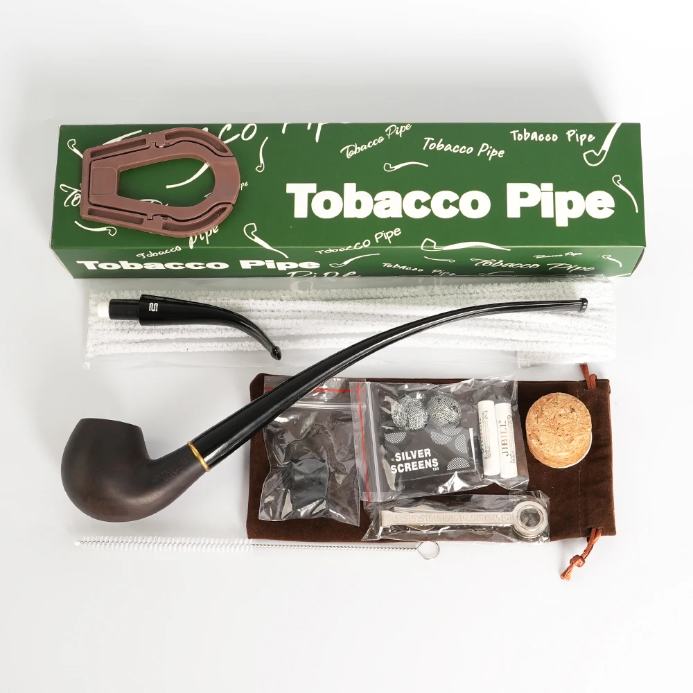 MUXIANG 2 In 1 Wood Tobacco Pipe Churchwarden Pipe One Pipe Body Two Mouthpiece With Clean Part Curved Handle Ebony Smoking Pipe