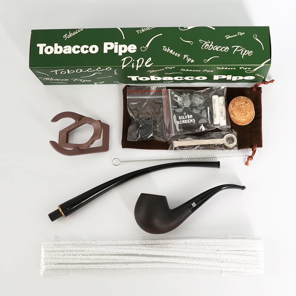 MUXIANG 2 In 1 Wood Tobacco Pipe Churchwarden Pipe One Pipe Body Two Mouthpiece With Clean Part Curved Handle Ebony Smoking Pipe
