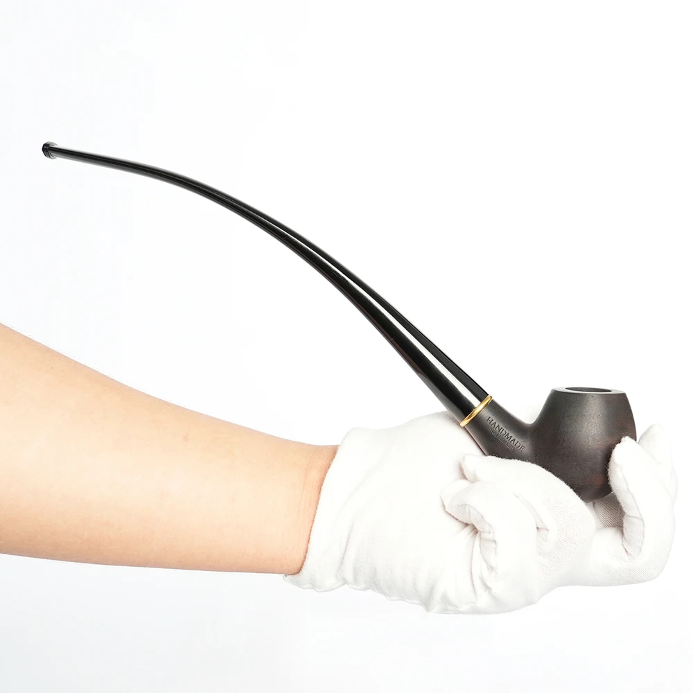 MUXIANG 2 In 1 Wood Tobacco Pipe Churchwarden Pipe One Pipe Body Two Mouthpiece With Clean Part Curved Handle Ebony Smoking Pipe