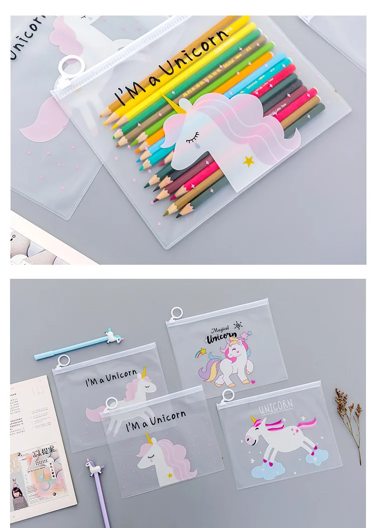 Korean Translucent Unicorn Cute Girl Pencil Case Stationery Bag Creative Storage File Bag Office Stationery Desk Organizer