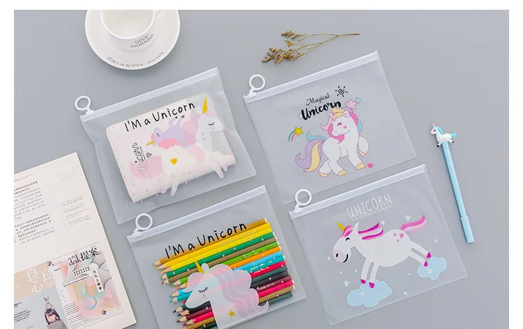 Korean Translucent Unicorn Cute Girl Pencil Case Stationery Bag Creative Storage File Bag Office Stationery Desk Organizer