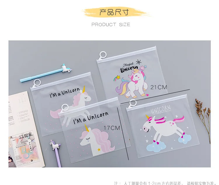 Korean Translucent Unicorn Cute Girl Pencil Case Stationery Bag Creative Storage File Bag Office Stationery Desk Organizer