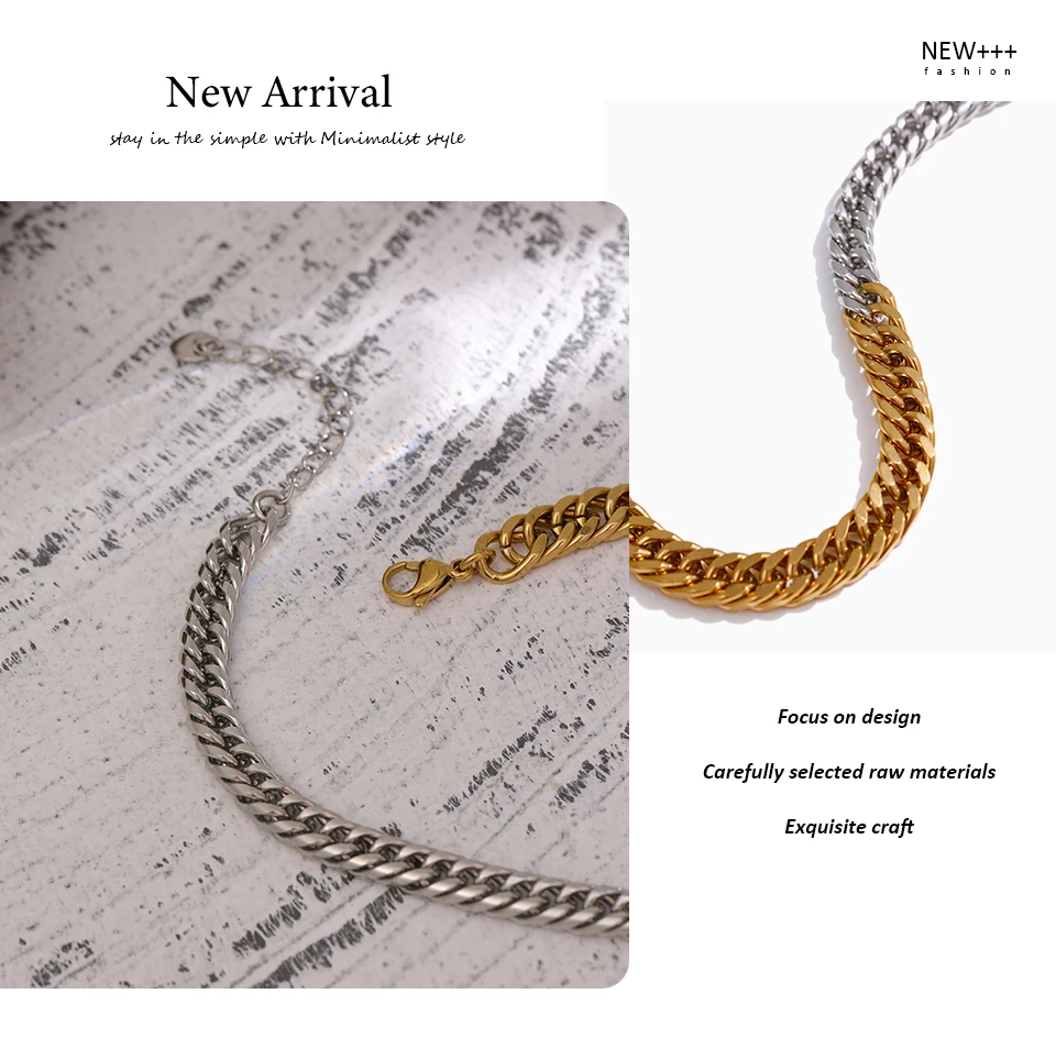 Yhpup 316L Stainless Steel Chain Necklace Minimalist Metalic Texture 18 K PVD Plated Statement Collar Necklace Jewelry Gift