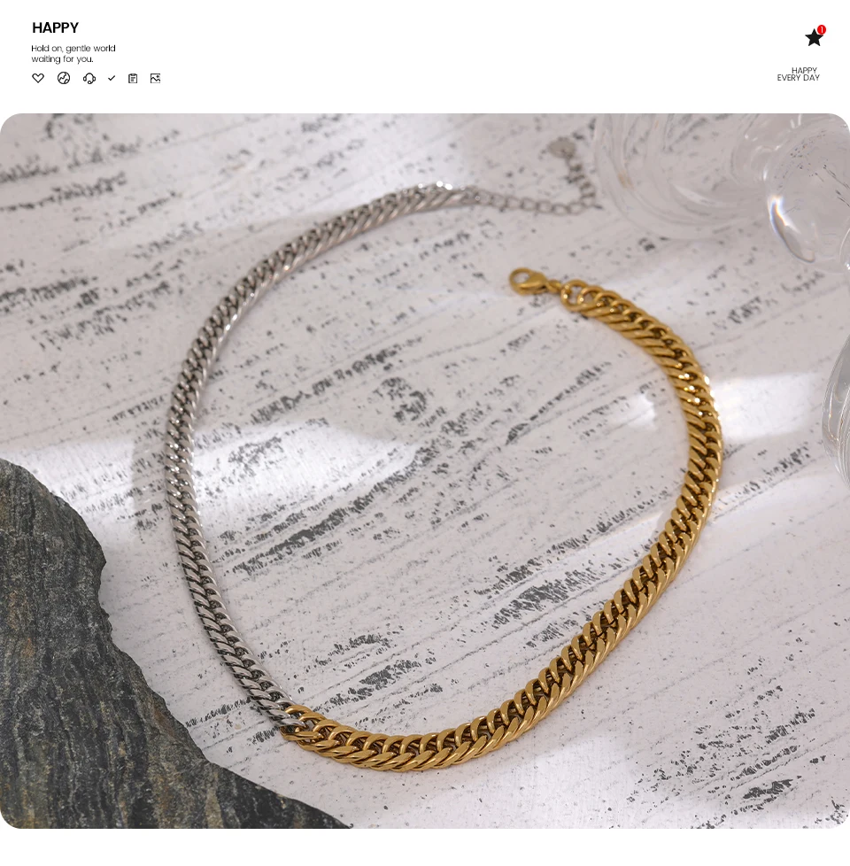 Yhpup 316L Stainless Steel Chain Necklace Minimalist Metalic Texture 18 K PVD Plated Statement Collar Necklace Jewelry Gift