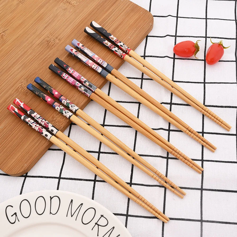 Reusable 5Pairs Set Handmade Bamboo Japanese Style Natural Wood Chopsticks Sushi Food Cat Flower Multi Color Wooden Chopsticks