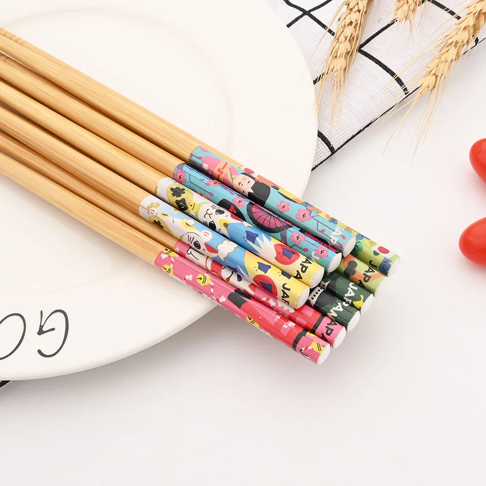 Reusable 5Pairs Set Handmade Bamboo Japanese Style Natural Wood Chopsticks Sushi Food Cat Flower Multi Color Wooden Chopsticks