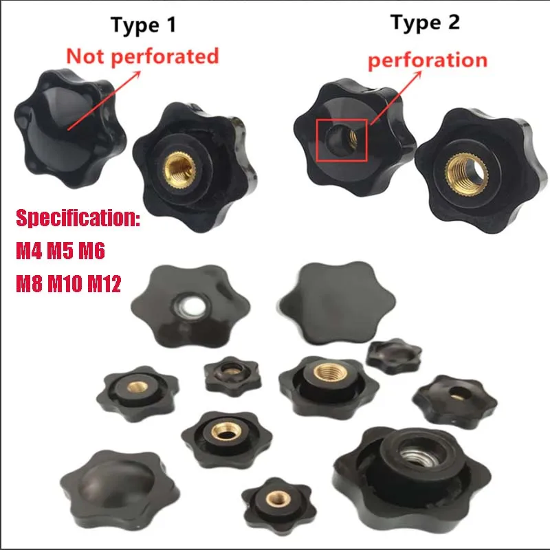1/5pcs M4 M5 M6 M8 M10 M12 Female Thread Star Knob Handles Shaped Perforated / No Perforated Clamping Nuts Knobs