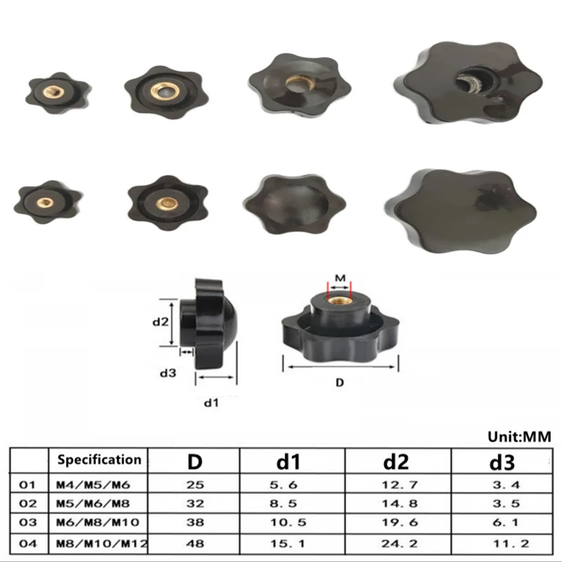1/5pcs M4 M5 M6 M8 M10 M12 Female Thread Star Knob Handles Shaped Perforated / No Perforated Clamping Nuts Knobs