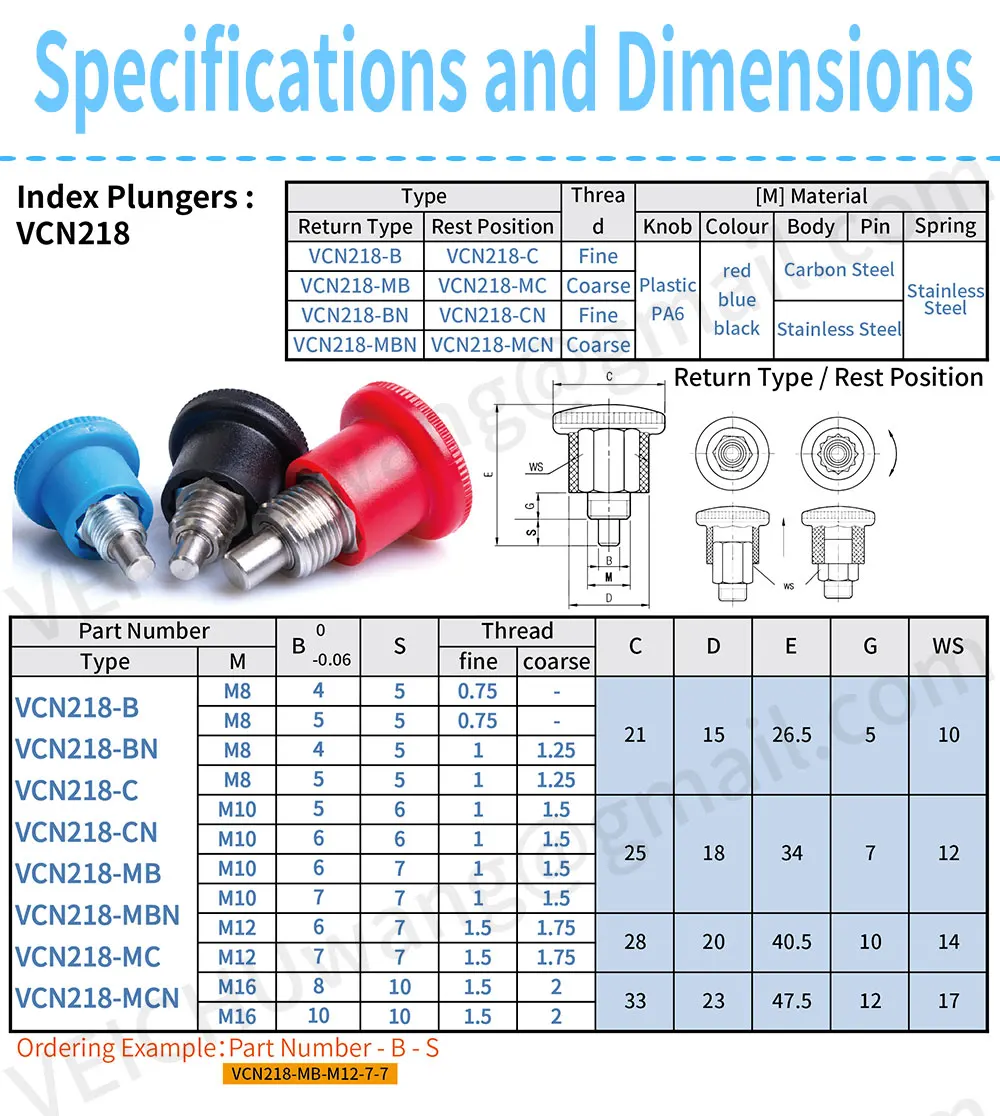 VEICHU Plastic Knob Stainless/Carbon Steel Index Bolt VCN218 Three Colors Rapid Release Pins Mini Indexing Plungers