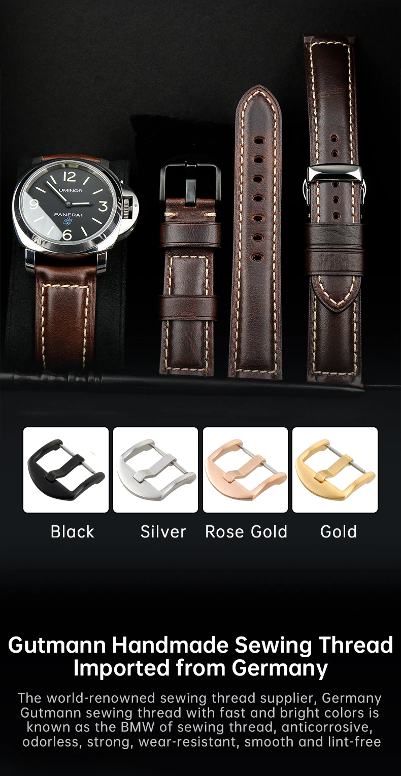 Luxury Italian Full Grain Leather Watch Band Men's Vintage Watch Strap With Butterfly Buckle Smart Watchband For Panerai