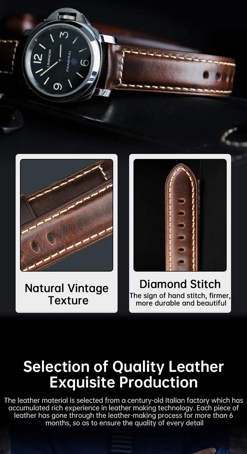 Luxury Italian Full Grain Leather Watch Band Men's Vintage Watch Strap With Butterfly Buckle Smart Watchband For Panerai