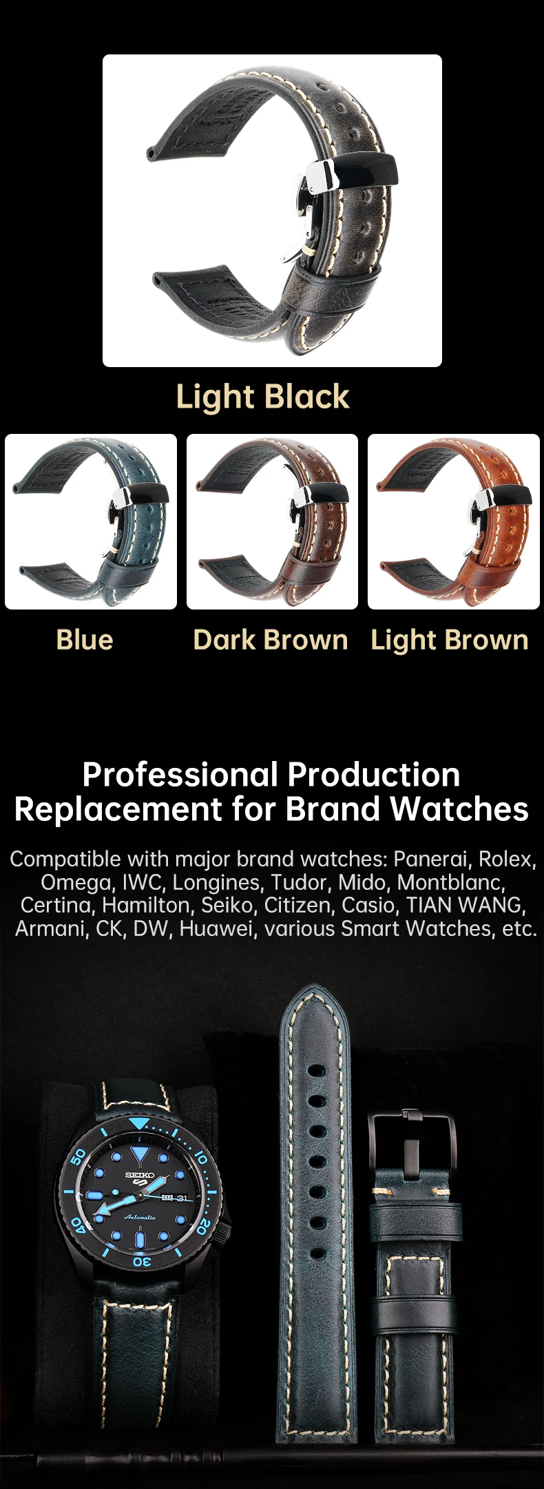 Luxury Italian Full Grain Leather Watch Band Men's Vintage Watch Strap With Butterfly Buckle Smart Watchband For Panerai