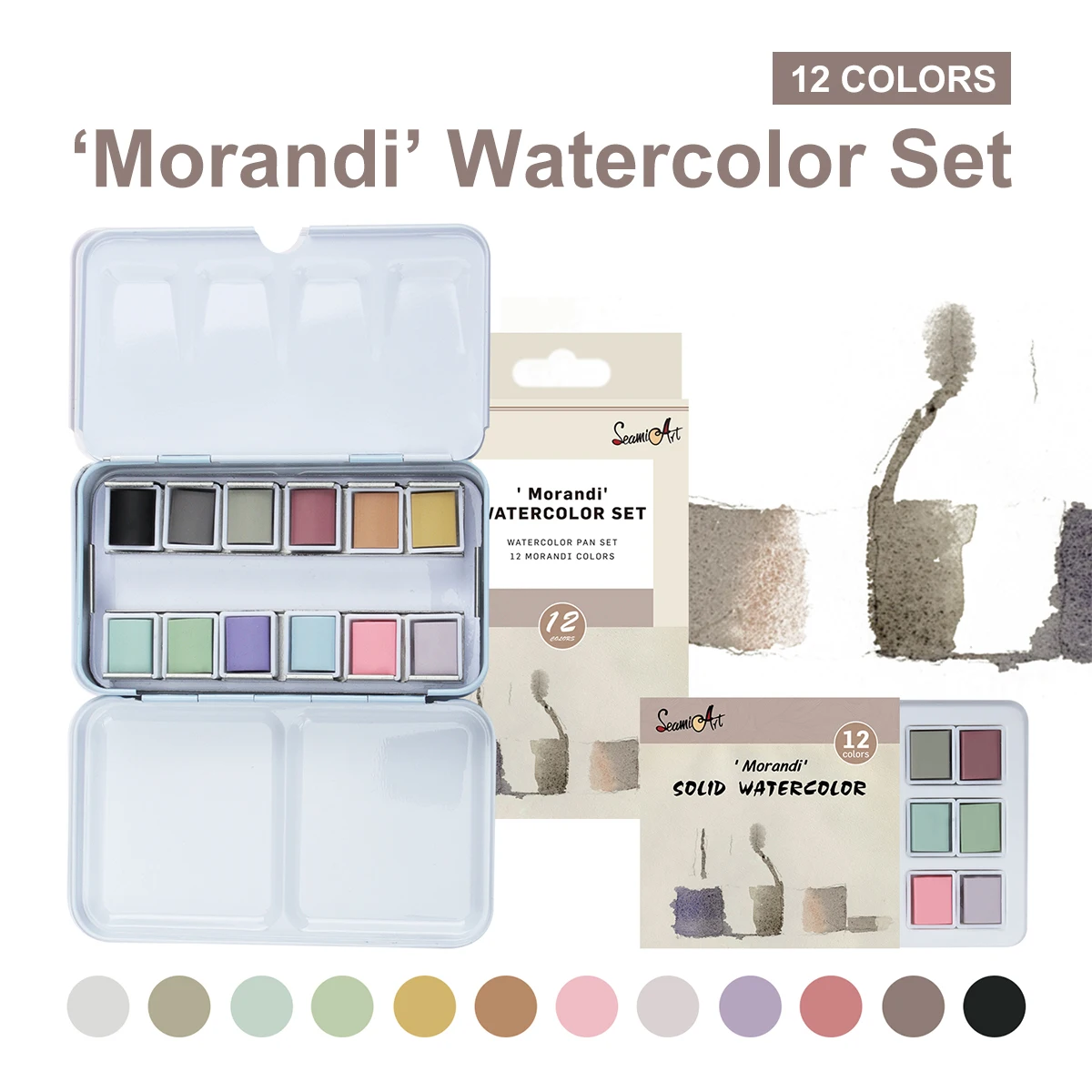 SeamiArt 12Color Tin Box Solid Watercolor Morandi Color Water Color Paint for Cartoon & Portraits Painting Drawing Art Supplies