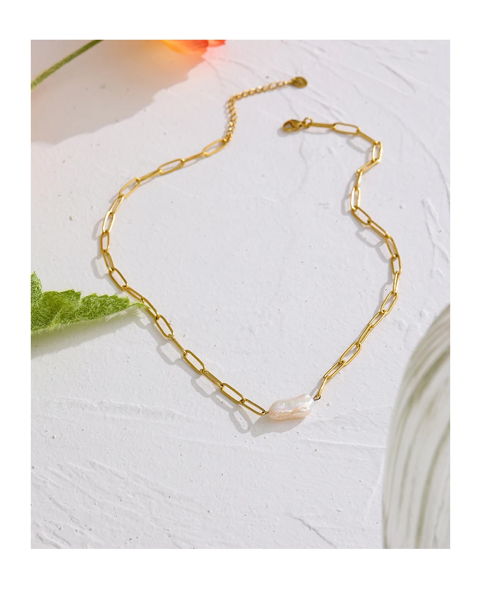 Yhpup Stainless Steel Natural Pearl Pendant Necklace Metal Chain High Quality Jewelry Gold Color Collar for Women Girls Gift