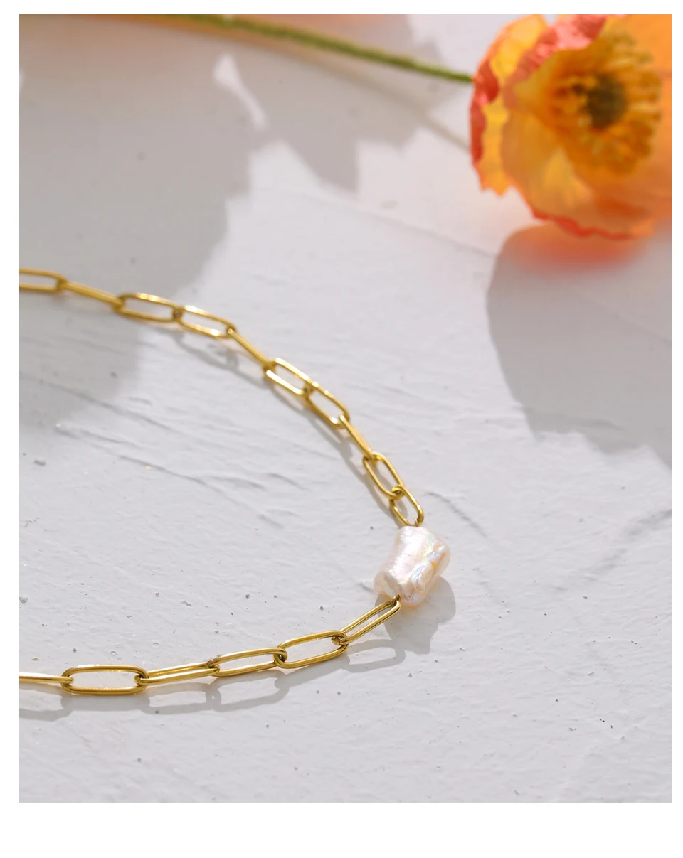 Yhpup Stainless Steel Natural Pearl Pendant Necklace Metal Chain High Quality Jewelry Gold Color Collar for Women Girls Gift