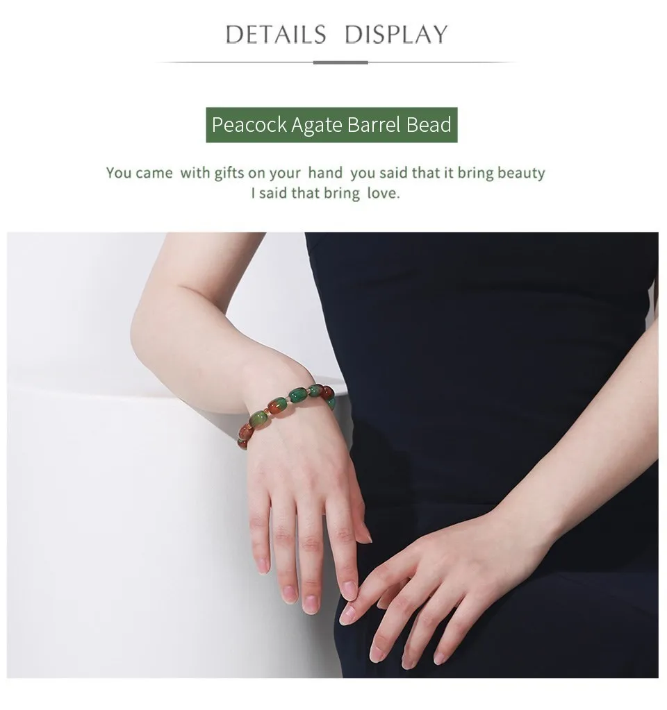 JD Natural Stone Colorful Green Peacock Agate Charm Bracelet Women Elegant Barrel Shape Healing Bangles Couples Jewelry Gift