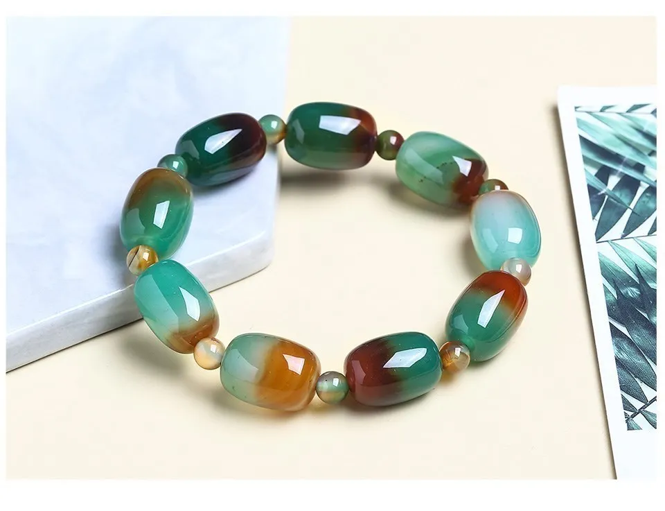 JD Natural Stone Colorful Green Peacock Agate Charm Bracelet Women Elegant Barrel Shape Healing Bangles Couples Jewelry Gift