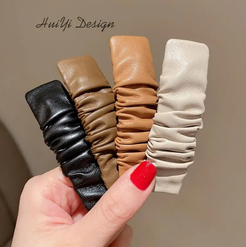 New fashion Korean Dongdaemun fold leather side clip hairpin Simple BB clip one-word hairpin