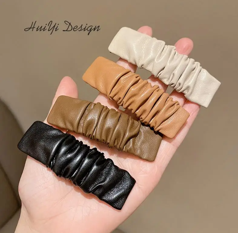 New fashion Korean Dongdaemun fold leather side clip hairpin Simple BB clip one-word hairpin