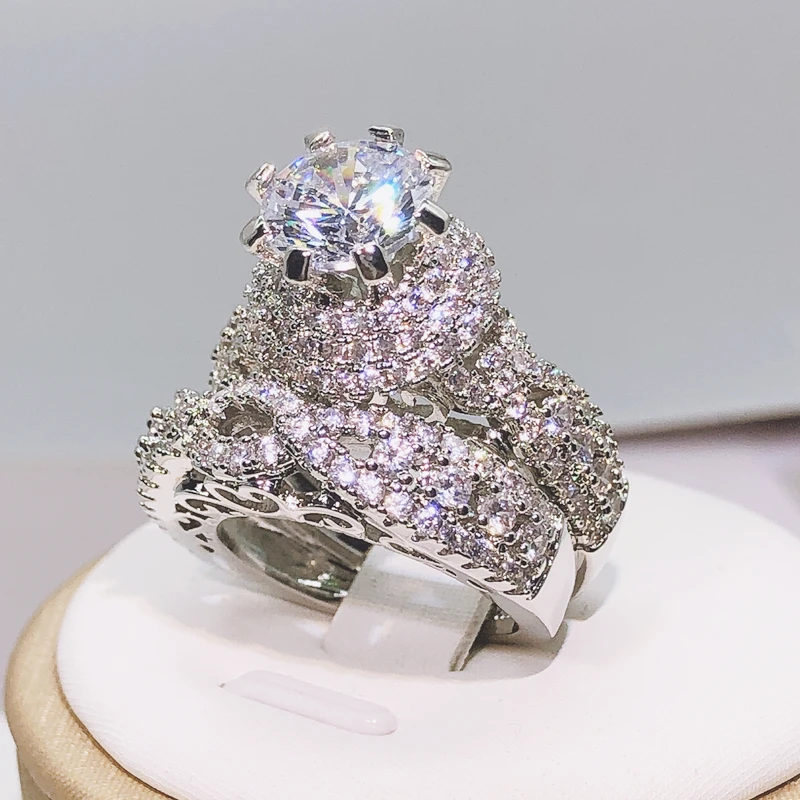 925 Silver Trendy Milangirl White Crystal Round Ring 2 pcs Set For Women Girls Wedding Engagement Party Fashion Jewelry