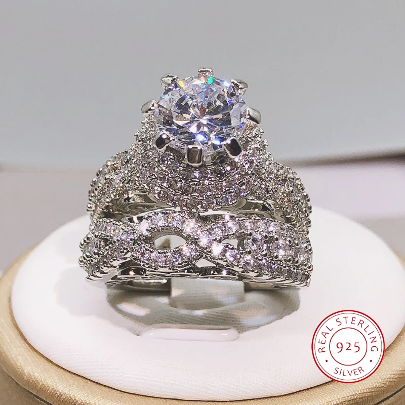 925 Silver Trendy Milangirl White Crystal Round Ring 2 pcs Set For Women Girls Wedding Engagement Party Fashion Jewelry