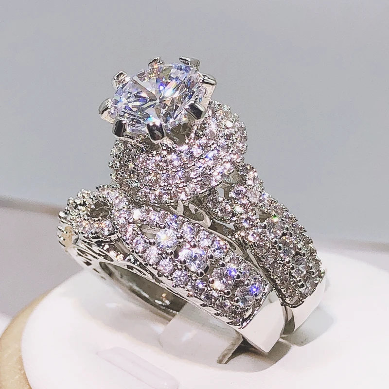 925 Silver Trendy Milangirl White Crystal Round Ring 2 pcs Set For Women Girls Wedding Engagement Party Fashion Jewelry