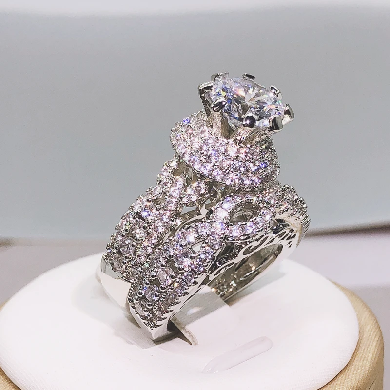 925 Silver Trendy Milangirl White Crystal Round Ring 2 pcs Set For Women Girls Wedding Engagement Party Fashion Jewelry