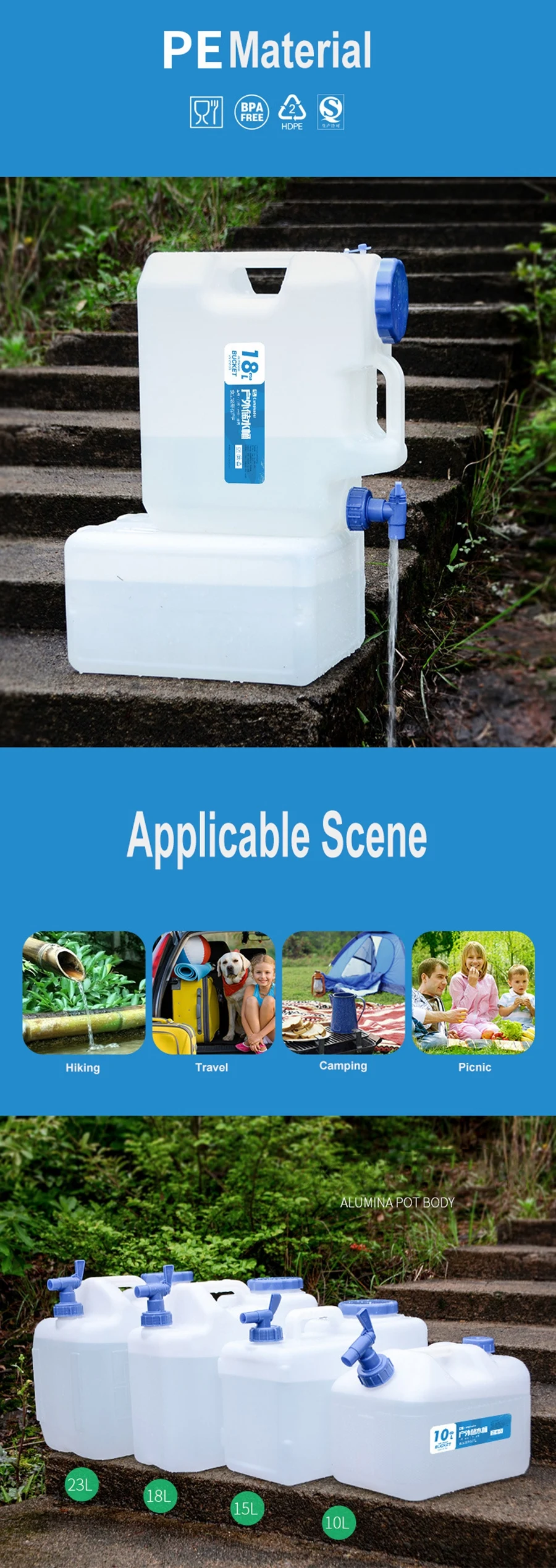 Desert&Fox Camping Bucket 10L/15L/18L/23L Water Container Bottle Car Buckets with Tap Outdoor Hiking Picnic Water Storage Tank