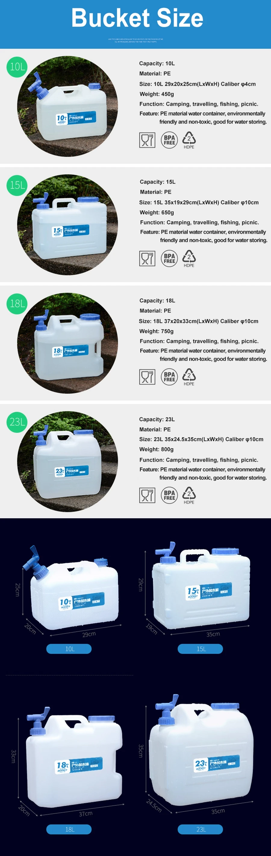 Desert&Fox Camping Bucket 10L/15L/18L/23L Water Container Bottle Car Buckets with Tap Outdoor Hiking Picnic Water Storage Tank