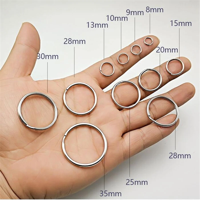 50pcs 12/15/20/25/28/30/32/38mm Silver Color Keyring Stainless Steel Hole Key Ring Key Chain Rhodium Plated Round Split Keychain