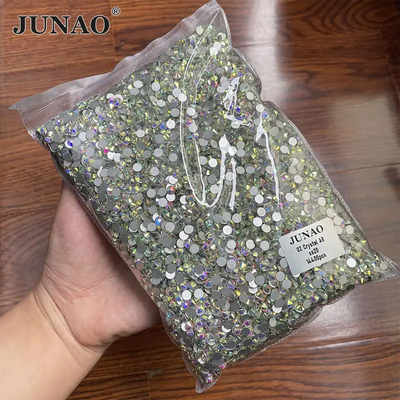 JUNAO 100 Gross Wholesale SS6 8 10 12 16 20 30 AB Glass Rhinestone Bulk Flatback Crystals Round Nail Strass Stone For DIY