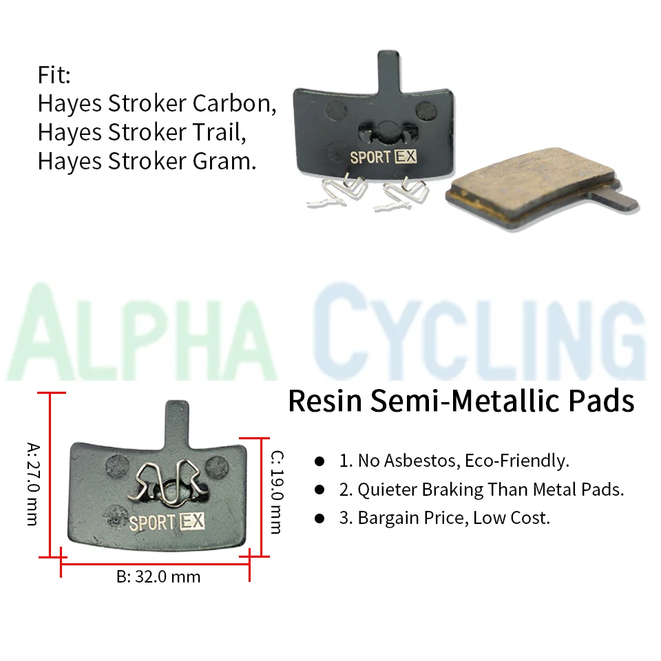4 Pairs, Bicycle Disc Brake Pads for Hayes Stroker Trail, Stroker Carbon, Stroker Gram Caliper, Sport EX Class, Resin