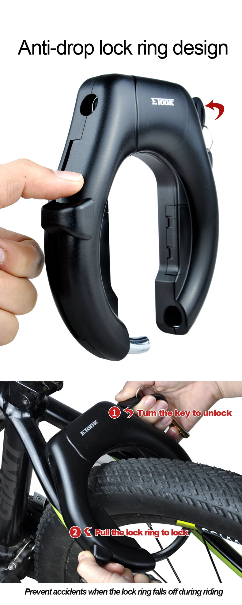 ETOOK Bike Horseshoe Lock Anti-Theft Bike Hardened Steel Pipe Lock Portable High Safety Road Mountain Durable Bicycle Lock