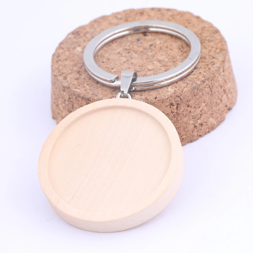 5pcs Double Side Wooden Keychain Cabochon Base Setting Blanks 30mm Dia Pendant Bezel Trays Diy Metal Keyring Accessories