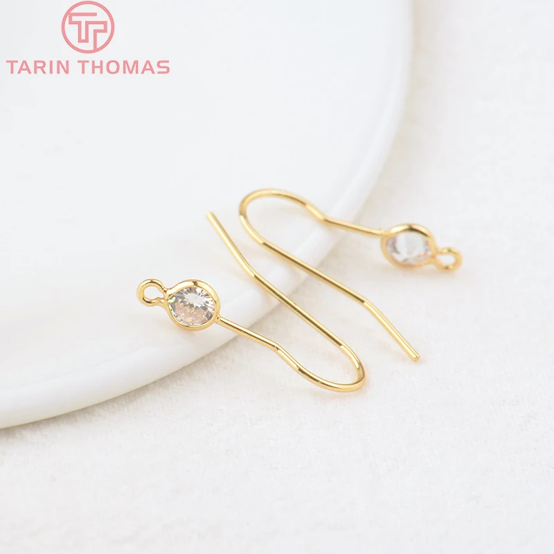 (2503) Height 17MM 24K Champagne Gold Color Plated Brass with Zircon Earrings Hook High Quality Diy Jewelry Accessories