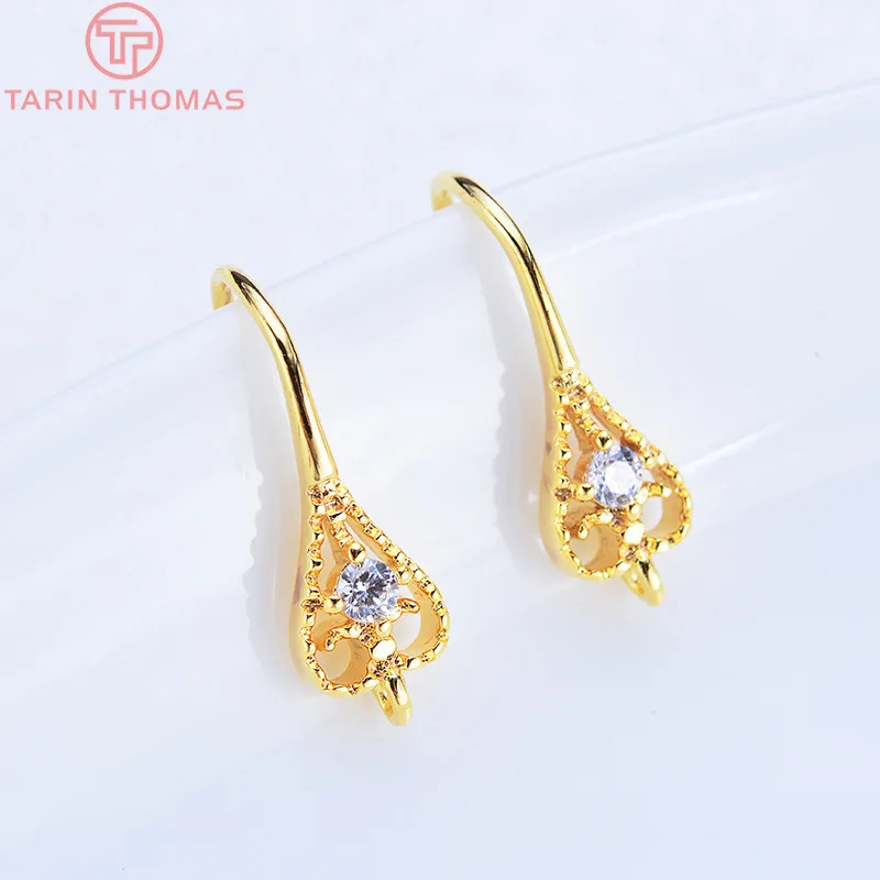 (2503) Height 17MM 24K Champagne Gold Color Plated Brass with Zircon Earrings Hook High Quality Diy Jewelry Accessories