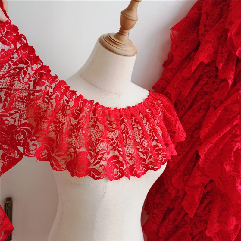 2 Meters/lot 15 Cm Wide Pink Black Red Folds Embroidered Lace Skirt Clothes Home Decoration Lace Accessories SC573