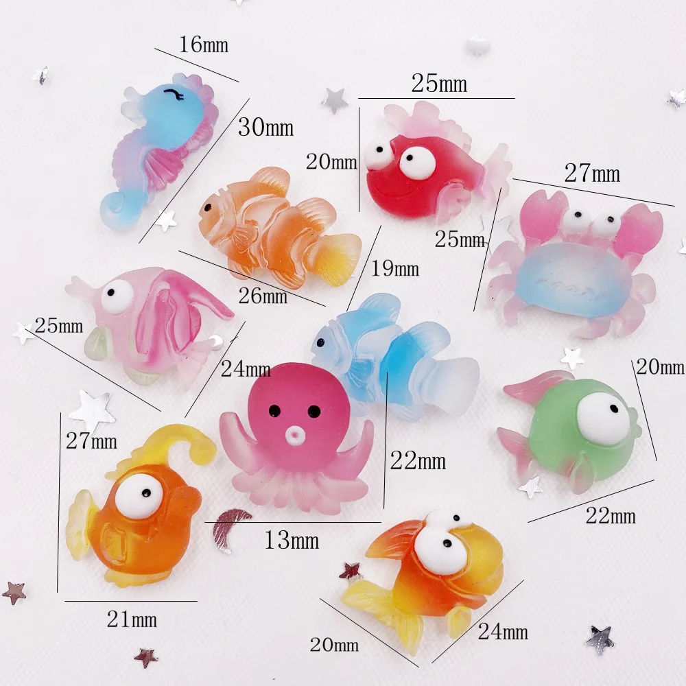 10pcs Colorful Resin Fish Crab Seahorse Squid Styles Ocean Animal Flatback Cabochon Scrapbook Craft DIY Accessory Decor Figurine