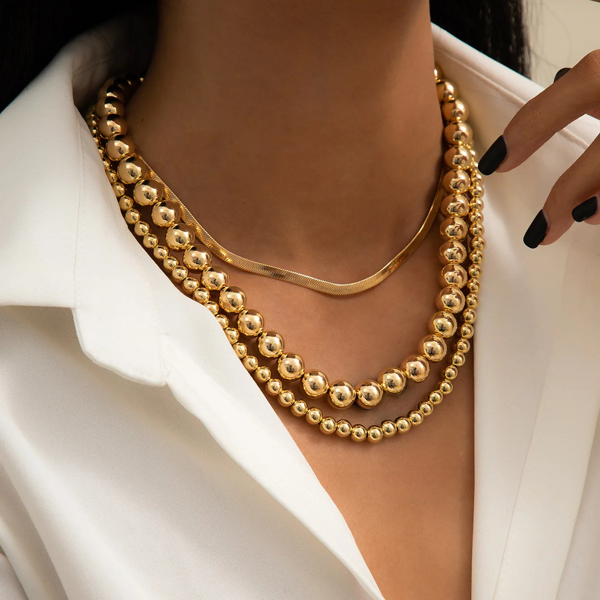 Multilayer Flat Snake Chain Necklace Women Vintage Acrylic Gold Color Metal Beads Beaded Necklaces Girls Party Fashion Jewelry
