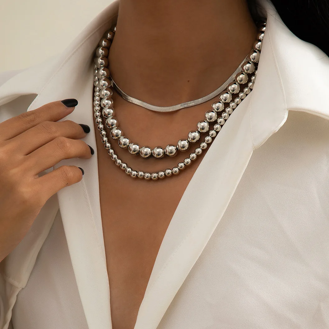 Multilayer Flat Snake Chain Necklace Women Vintage Acrylic Gold Color Metal Beads Beaded Necklaces Girls Party Fashion Jewelry