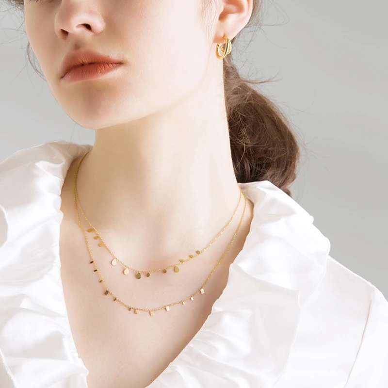 18K Gold Titanium Steel 316L Waterdrop Necklace Women Chain Choker Coin Pendant Necklaces Collar Jewelry