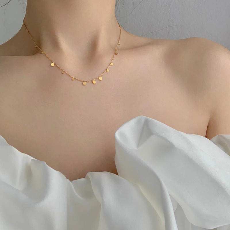 18K Gold Titanium Steel 316L Waterdrop Necklace Women Chain Choker Coin Pendant Necklaces Collar Jewelry