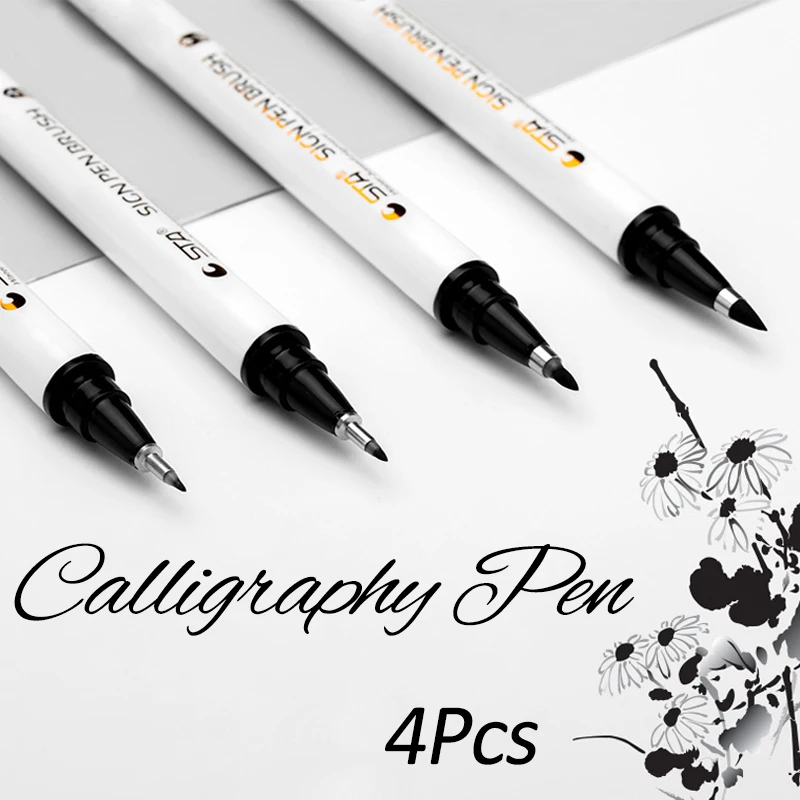 STA 4 Pcs Japanes Calligraphy Pen Waterproof Markers Soft Brush Pens for Lettering Writing Drawing School Art Supplies
