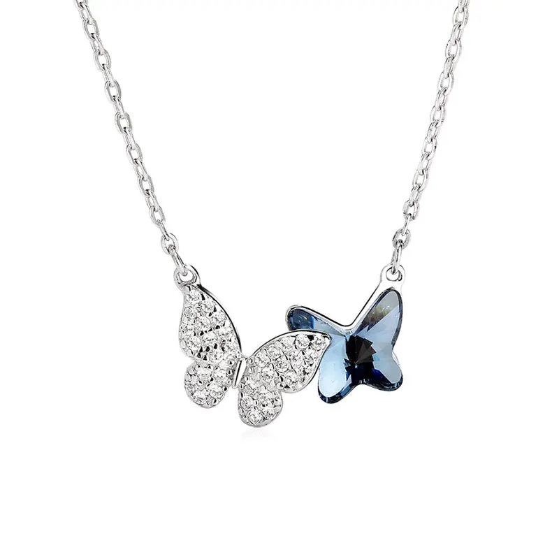 Silver Necklace Ladies Elegant Chain Necklace Fashion Blue Butterfly Shape Sterling Silver Jewelry Round Necklace