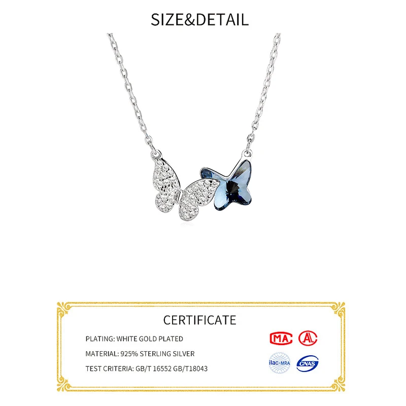 Silver Necklace Ladies Elegant Chain Necklace Fashion Blue Butterfly Shape Sterling Silver Jewelry Round Necklace