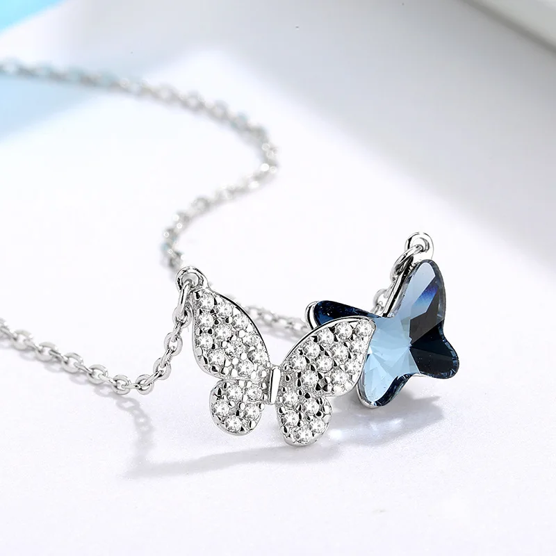 Silver Necklace Ladies Elegant Chain Necklace Fashion Blue Butterfly Shape Sterling Silver Jewelry Round Necklace